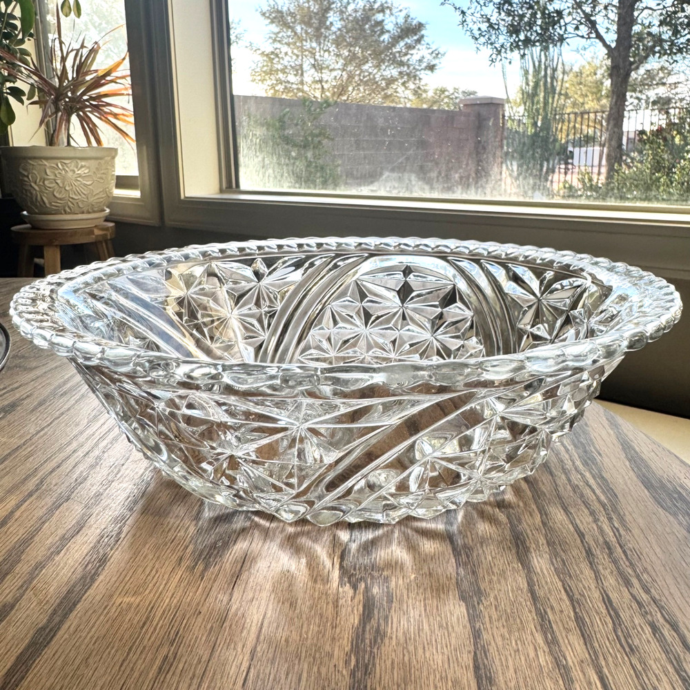 Vintage Anchor Hocking "Stars & Bars" Crystal Bowl Heavy EAPC Pressed Glass 10"